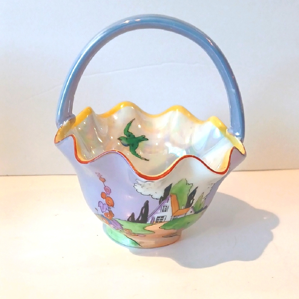 🏡 Hand Painted Noritake Art Deco Lusterware Basket Village Bird Collectible